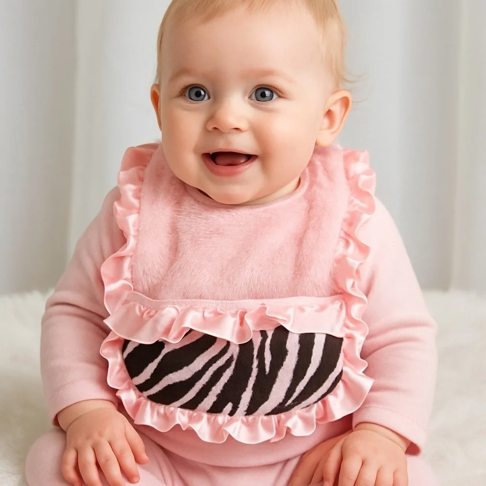 Little Yellow Chick Zebra Print Bib with Pink Ruffles